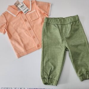 First Impressions Coral Button-Up Shirt and Olive Pants Set